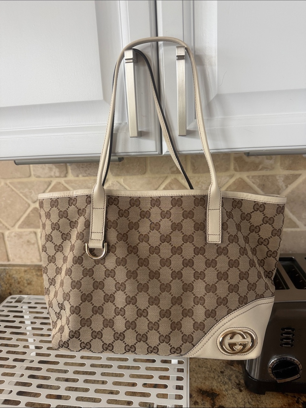 Gucci Beige/Tan GG Canvas Tote with Cream Leather Trim